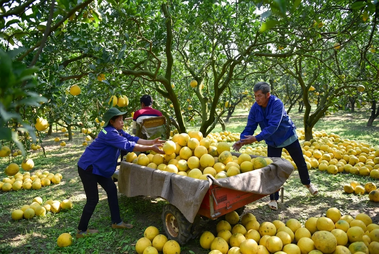 Hình ảnh người nông dân thu hoạch vựa bưởi